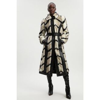 Karen Millen Stripe Faux Fur Belted Long Coat in Mono at Nordstrom, Size 10