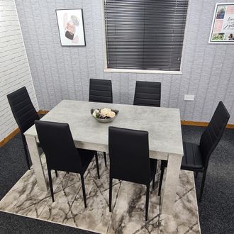 Kosy Koala Stone Grey Effect Wooden Dining Table Set With 6 Black Chairs Dining Room Furniture in Brown