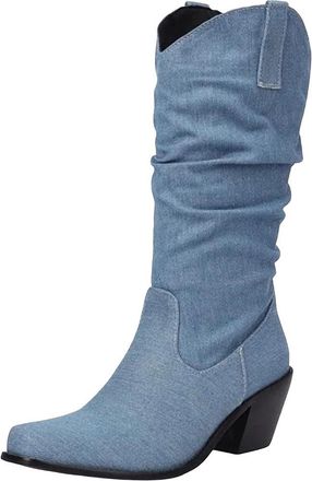 Generic Womens Mid Calf Denim Boots Square Toe Block Heel Casual Party Footwear