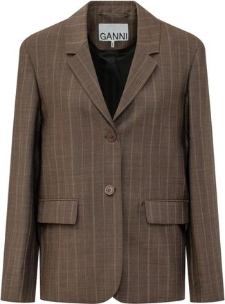 Ganni Brown Stripes Notched Lapel Blazer