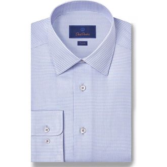 David Donahue Trim Fit Herringbone Check Cotton & Silk Dress Shirt in Sky/Lilac at Nordstrom, Size 17.5 - 34