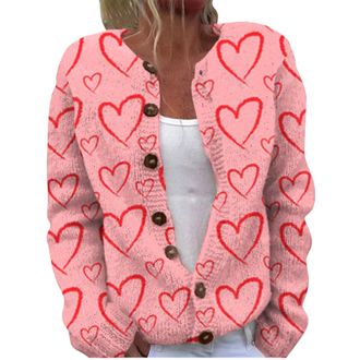 Generic Womens Cute Pattern Printed Button Open Woolen Sweater Cardigans Love Heart Knitted Sweater Tops Trendy Outwear Coat Plus Size Duster (Watermelon Red,
