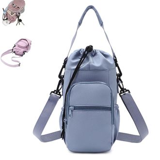 Generic Large Capacity Water Bottle Shoulder Bag, Multi-Pocket Storage Holder for 40oz Bottle, Lightweight for Hiking Camping Travelling (Blue)