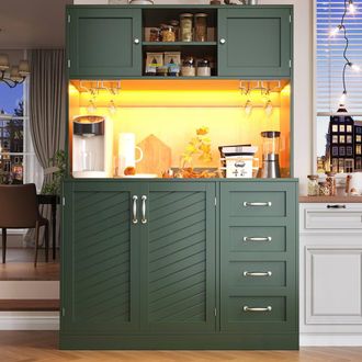Merax Large Kitchen Pantry Cabinet with LED Coffee Station Wine Glass Holder in Green