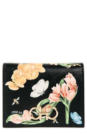 Ferragamo Gancini Leather Compact Wallet in Edenshoes Print Nero at Nordstrom
