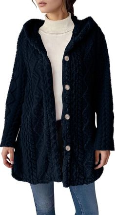 Generic Fleece Jacket Women Flannel Hooded Long Sleeve Cardigans Plain Jacquard Fluffy Jacket Ladies Fuzzy Teddy Bear Coat Button Down Autumn Winter Outerwear