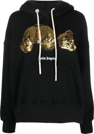 Palm Angels sequined-bear oversized hoodie - women - Organic Cotton/Polyester - M - Black