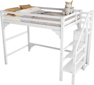 STILVORA Cama Alta Doble Con Escalera De Almacenaje Y Armario, 140 &times; 200 Cm, Sin Colch&oacute;n, Blanca