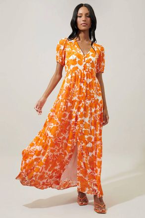 Sugarlips Floral Monaco Tiered Maxi Dress In Tangelo
