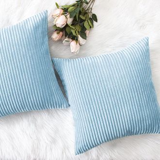 OEM Fundas De Almohada Decorativas, Rayas De Pana De Terciopelo Suave Azul Claro, Juego De Dos Fundas De Almohada Cuadradas, Aptas Para Sof&aacute;s, 45 X 45 Cm,