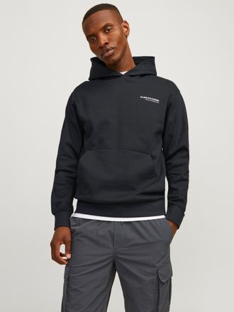Jack & Jones Kapuzensweatshirt JACK & JONES JCOAERO PRINT SWEAT HOOD NOOS, Herren, Gr. M, schwarz, angeraute Sweatware, Obermaterial: 58% Polyester, 42% Baumwolle,