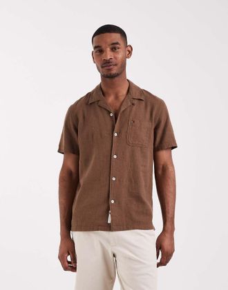Tommy Jeans Camicia a maniche corte in misto lino marrone con colletto cubano