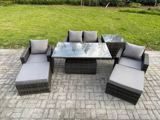 Fimous High Back Rattan Garden Furniture Sofa Sets with Height Adjustable Rising Lifting Table Side Table 2 Big Footstool in Dark Grey