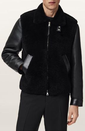 AllSaints Conyer Genuine Shearling Pilot Leather Jacket in Black at Nordstrom, Size Medium