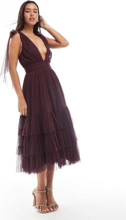 Lace & Beads Madison - Vestito midi da damigella color prugna con fiocchi sulle spalle-Rosso