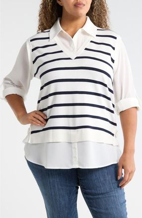 Adrianna Papell V-Neck Twofer Sweater in Ivory/Blue Moon Stripe at Nordstrom Rack, Size 3 X