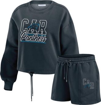 WEAR by Erin Andrews Womens WEAR by Erin Andrews Black Carolina Panthers Washed Fleece Long Sleeve T-Shirt & Shorts Lounge Set at Nordstrom, Size Small