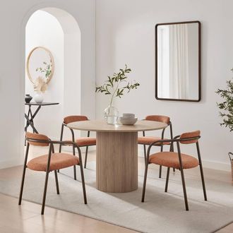 Furniturebox Penrose Round Oak Effect Wood Dining Table 4 Rhea Chairs in Terracotta