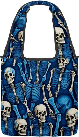 Generic Blue Scary Skeleton Print Reversible Canvas Shoulder Tote - Double-Sided Print, 12oz Cotton, 27cm Drop, Fold-Flat Bag for Travel, Shopping, Street Out