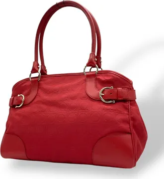 Ferragamo Red Color Canvas Leather Tote Bag (Pre-Owned)