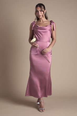 Oasis Womens Satin Tie Shoulder Cowl Front Midi Bridesmaid Dress - Purple - Size 12 UK