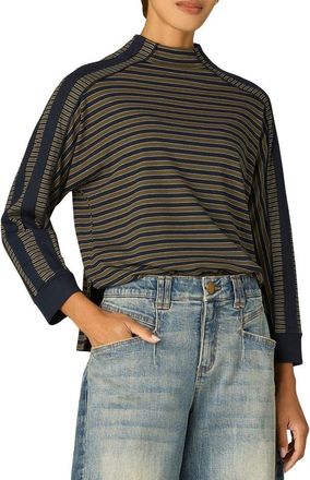 Wit & Wisdom Stripe Mock Neck Rib Top (Petite0 in Forest Moss/ocean Teal at Nordstrom, Size X-Small