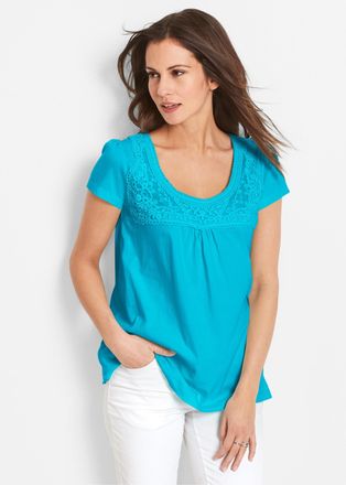 Bonprix T-Shirt BONPRIX, Damen, Gr. 52/54 (XXL), karibikblau, Obermaterial: 100% Baumwolle. Spitze: 100% Baumwolle, A-Linie, Shirts T-Shirt, A-Linien-Passform