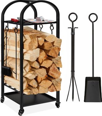 Best Choice Products 4ft 3-Tier Firewood Log Rack, Vertical Wrought Iron Holder for Home w/ 4-Piece Tool Set, Wheels