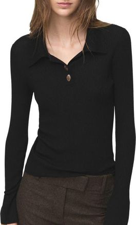 Mango Rib Fluted Long Sleeve Polo Sweater in Black at Nordstrom, Size X-Small