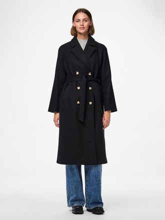 Pieces Langmantel PIECES PCMARBEL LONG COAT NOOS, Damen, Gr. XL, schwarz, Web, Obermaterial: 100% Polyester, unifarben, regular fit kniebedeckend, V-Ausschni