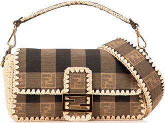 Fendi Pre-owned Womens Baguette Plaid Crochet Shoulder Bag - Tan Textile - One Size