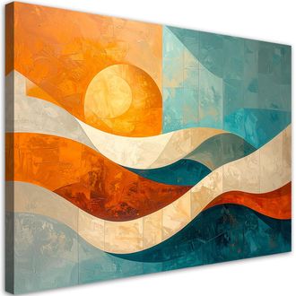 Feeby Cuadro Sobre Lienzo, Abstracci&oacute;n Olas Turquesa Y Naranja, 120x80