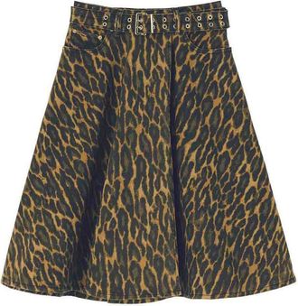 Ganni Leopard Midi Skirt With Belted Waist