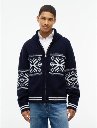 Tommy Hilfiger Mens Fair Isle Wool-Blend Zip Cardigan - Navy Blue - XL