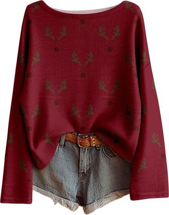 Generic Christmas Jumper 2025 Xmas Tree Printed Ladies Tops Long Sleeves Crew Neck Knitted Jumpers Soft Comfortable Xmas Pullover Sweatshirt Warm Oversized Ch