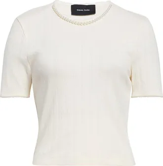Simone Rocha Faux Pearl Crop Cotton Pointelle Rib T-Shirt in Ecru/pearl at Nordstrom, Size X-Small