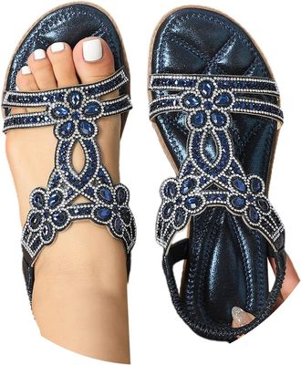Generic Ladies Faux Leather Open Toe T-Bar Diamante Gem Stone Flat Summer Sandals Causal Lightweight Slip on Slides Platform Slippers Beach Holiday Essential 