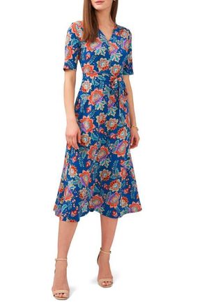 Chaus V-Neck Tie Waist Midi Dress in Teal/red/multi at Nordstrom, Size X-Large