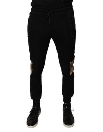Dolce & Gabbana Mens Casual Joggers Leopard Print Side Stripe Trousers - Black Cotton - Size EU 44 (Mens)