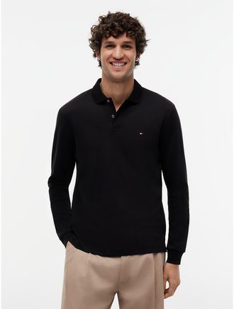 Tommy Hilfiger Mens Regular Fit Long-Sleeve Polo - Black - XL