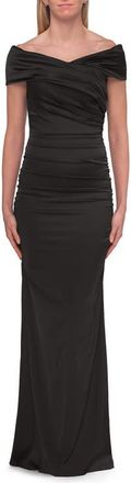 La Femme Off-the-Shoulder Ruched Satin Evening Gown in Black at Nordstrom, Size 16