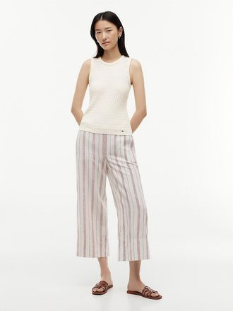 Tommy Hilfiger Womens Stripe Linen-Blend Cropped Wide Leg Pant - Ecru - XXL