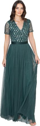 Maya Womens Maxi Dress Ladies Bridesmaid V-Neck Ball Gown Short Sleeves Long Elegant Empire Waist Wedding, Emerald Green, 10