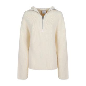 Courr&egrave;ges Truien & Vesten, Dames, Beige, S, Wol, Geribbelde wollen sweater met capuchon en rits