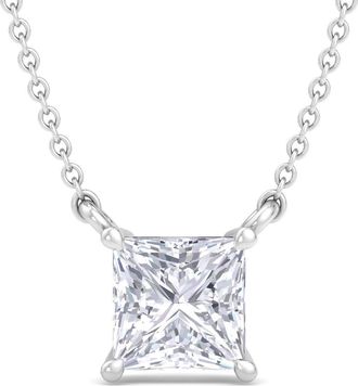 SuperJeweler Princess Cut Lab Grown Diamond Pendant Necklace in 14K White or Yellow Gold - 1/4 to 7 Carat Total Weight - Classic Solitaire Setting for Women