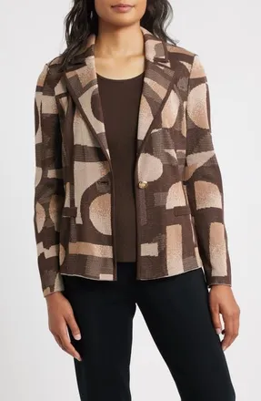 Ming Wang Geometric Jacquard Knit Blazer in Warm Taupe/Dark Umber/Ivory at Nordstrom, Size X-Small