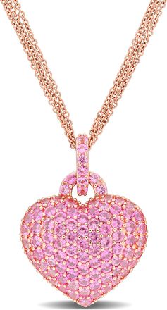 Mimi & Max 3 1/2ct TGW Created Pink Sapphire Heart Pendant with Triple-Strand Chain Rose Silver