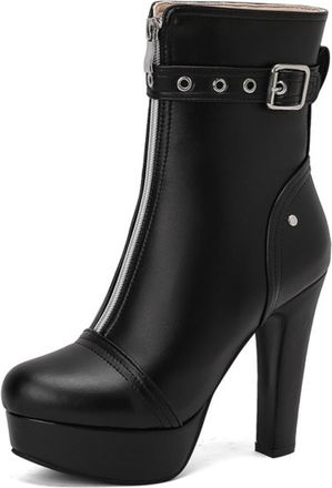 Generic Womens Ankle Boots Faux Leather Front Zip Adjustable Buckle Stud Detail Platform Stiletto Heels Trendy Footwear For Evening Parties Night Out,Black,6.