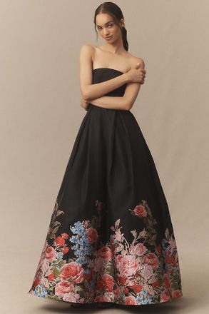 Mac Duggal Strapless Floral Brocade Maxi Dress