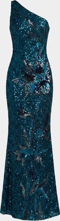 Mac Duggal Floral Mesh One-Shoulder Gown